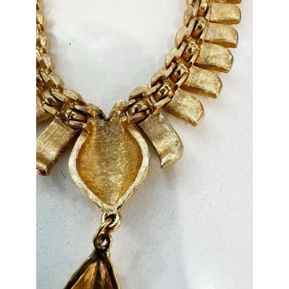 Vintage Signed Monet Gold Tone Textured Necklace | Collar with Teardrop Pendant
